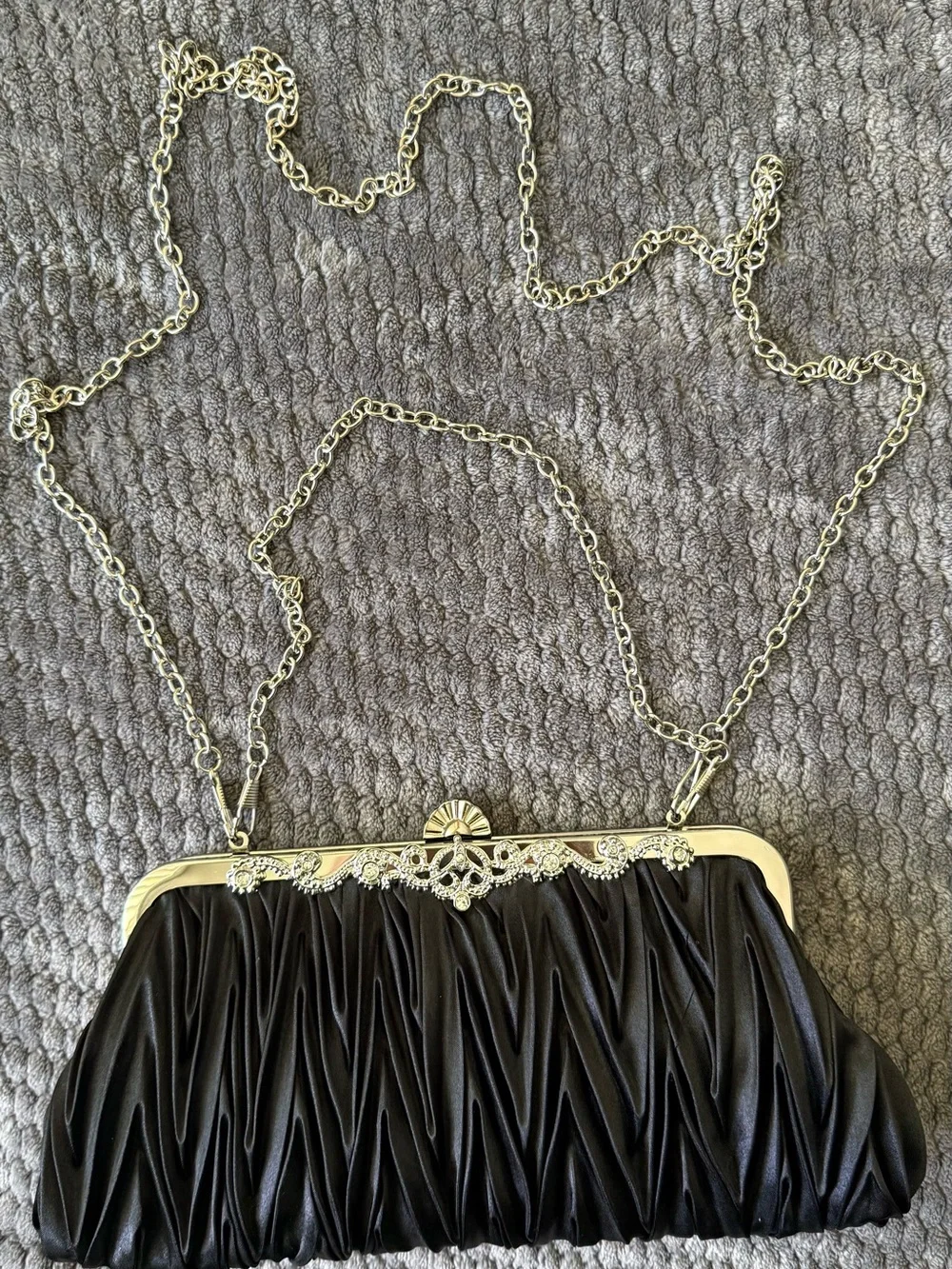 Black Ruched Evening Clutch with Silver Chain